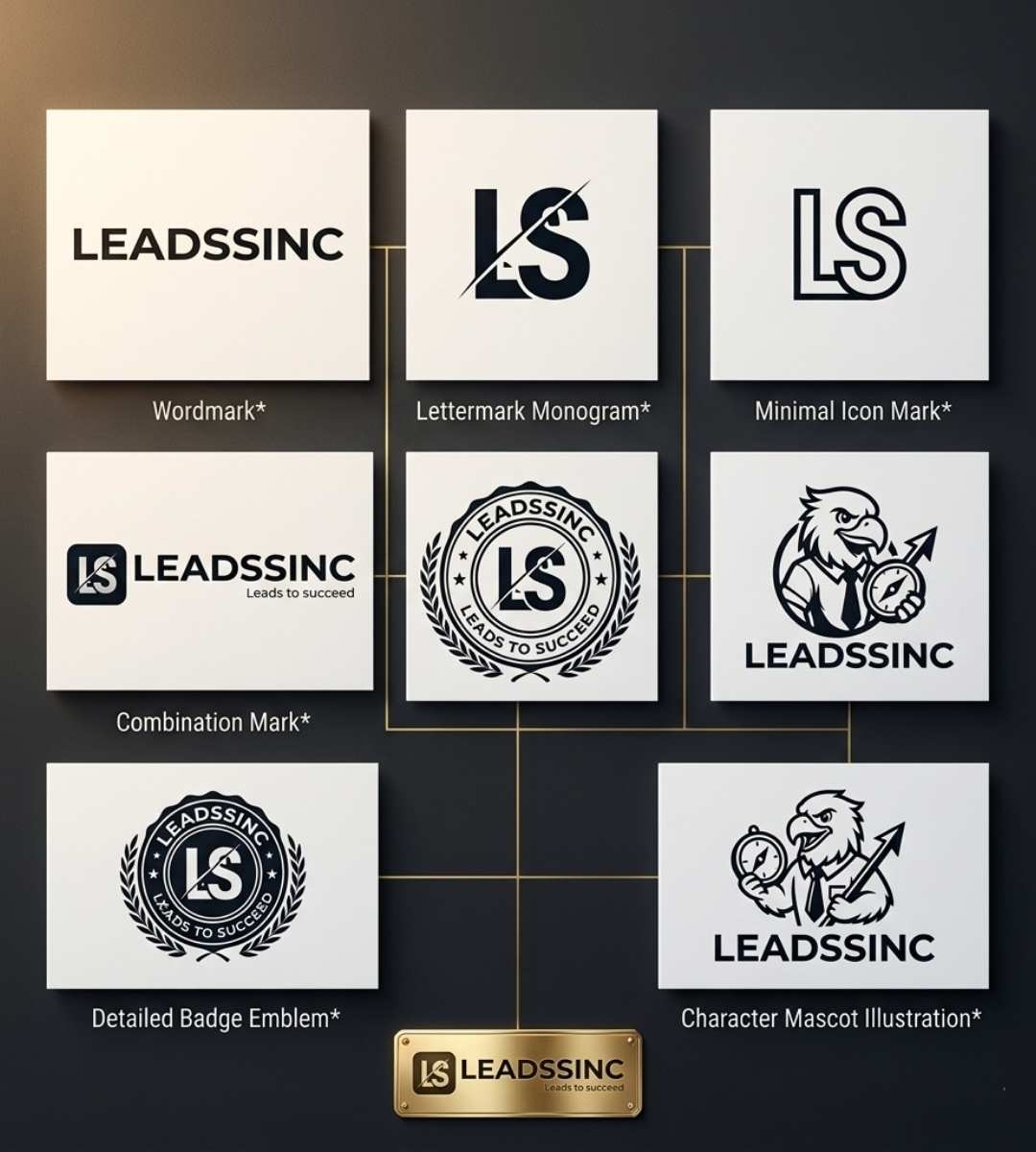 A hyper-realistic premium flat lay, square 1080x1080. A clean dark charcoal matte surface. Six premium matte white cards arranged in a clean 3x2 grid. Each card displays one logo style rendered in