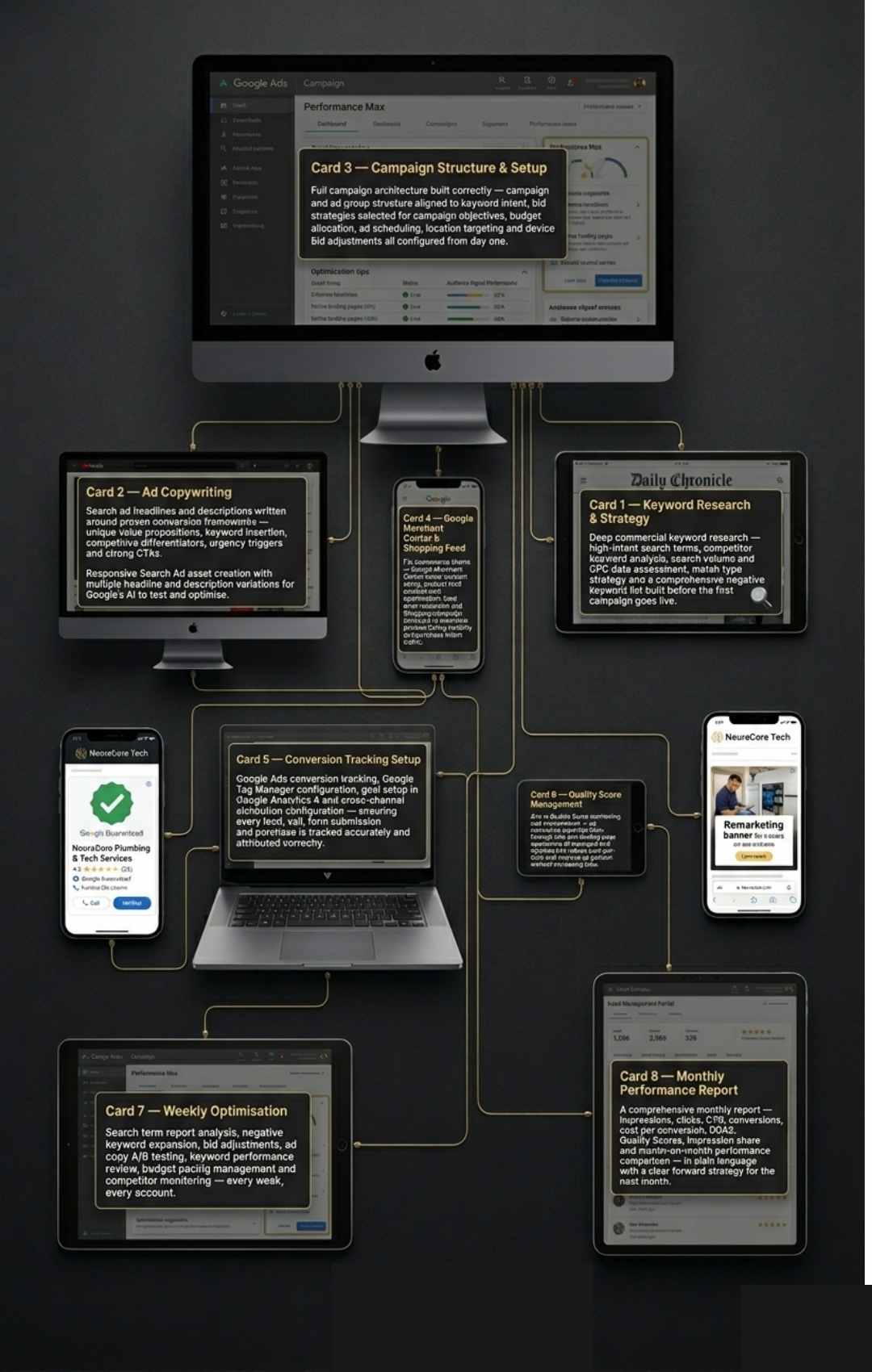 Card 1 — Keyword Research & Strategy Deep commercial keyword research — high-intent search terms, competitor keyword analysis, search volume and CPC data assessment, match type strategy and a comp